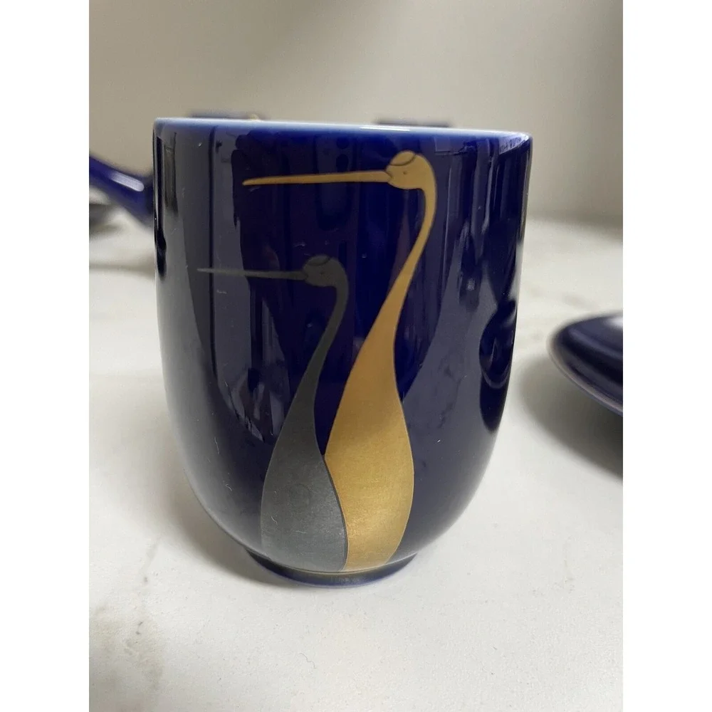 Vintage  Fukagawa Arita Cobalt Blue Gold Cranes Teapot 5 Cups/5 Sm Plates‎